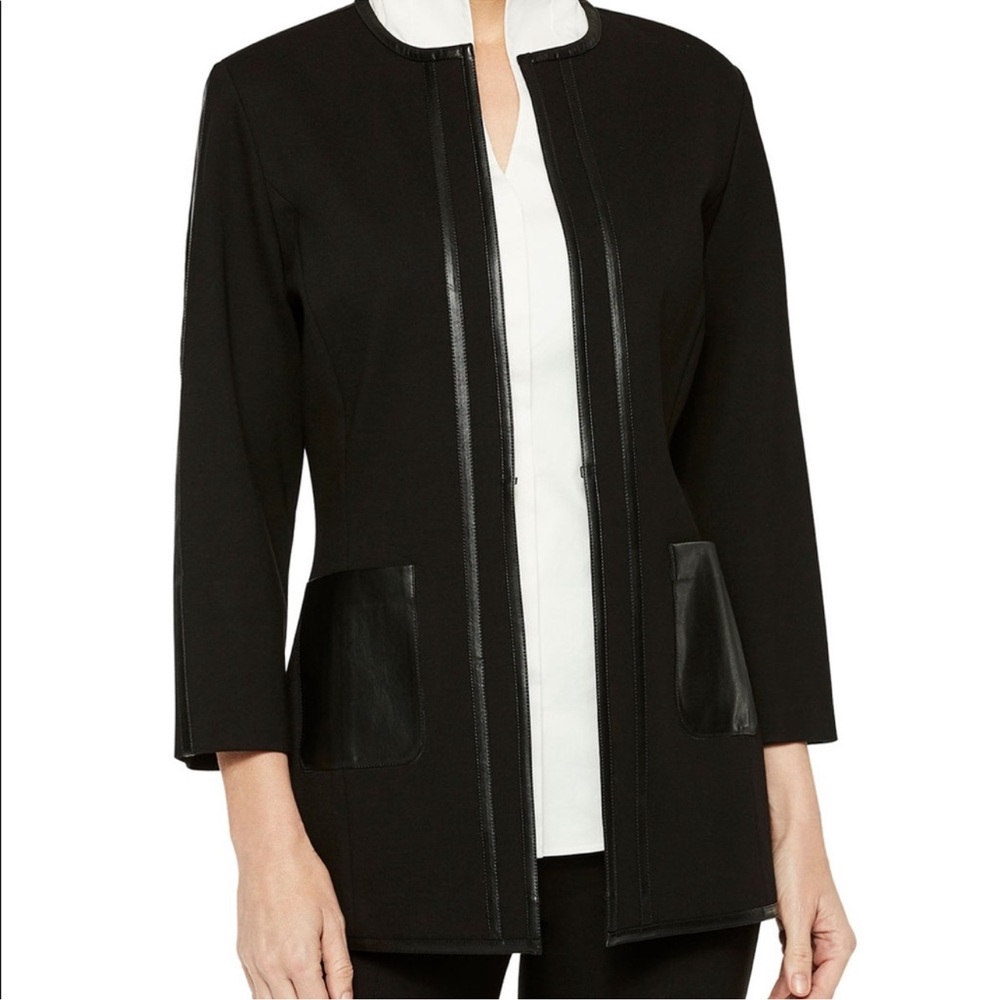 NWT $388 Misook Ponte Jacket with Faux Leather size Large Black Soft